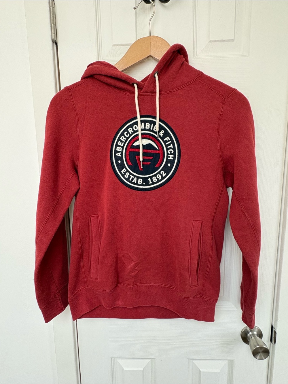 Abercrombie & Fitch Red Pullover Hoodie with Circular Logo